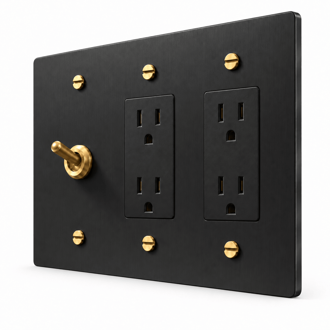 PlatePrestige 3-Gang Retro Toggle Light Switch & 2 Outlets in Black / Brass