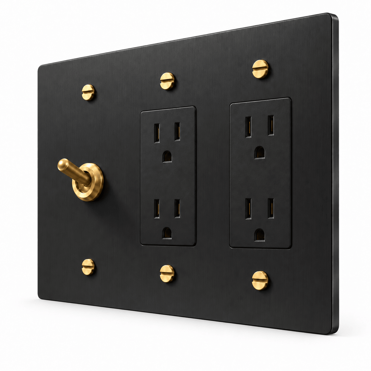 PlatePrestige 3-Gang Retro Toggle Light Switch & 2 Outlets in Black / Brass