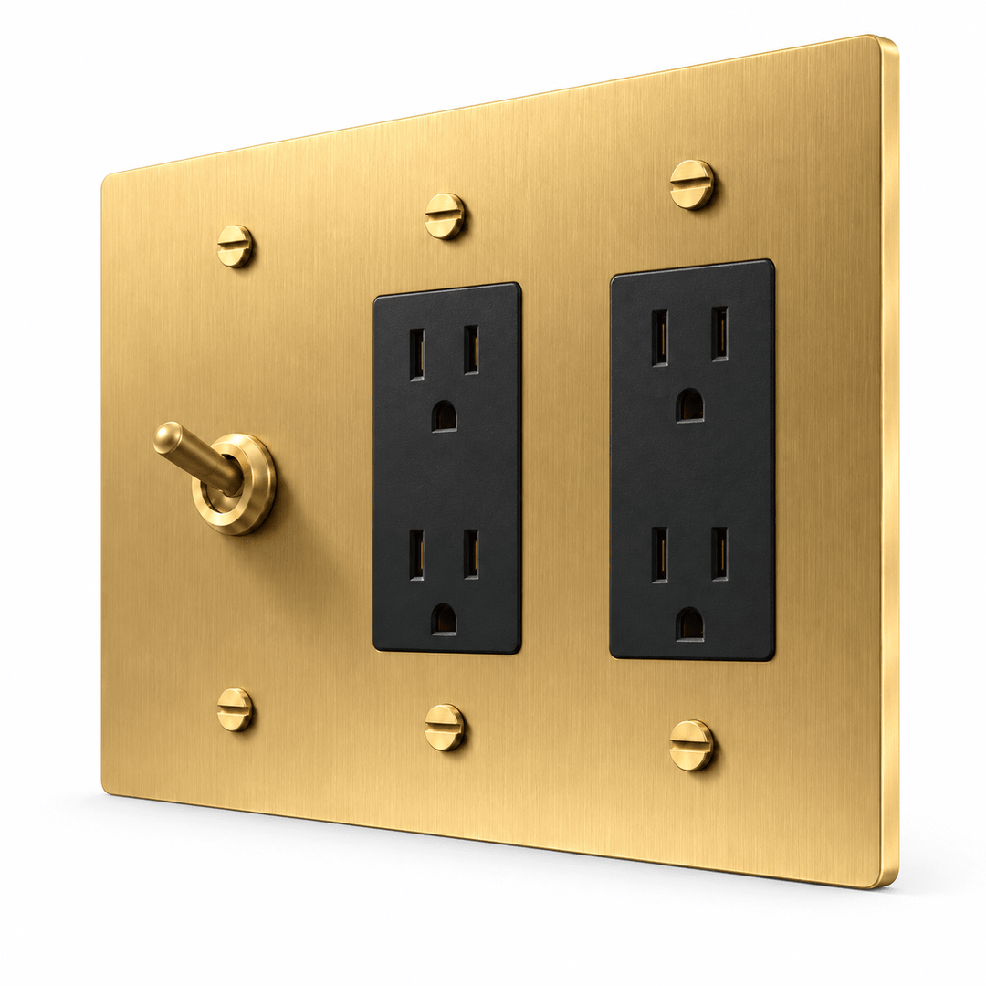 PlatePrestige 3-Gang Retro Toggle Light Switch & 2 Outlets in Brass