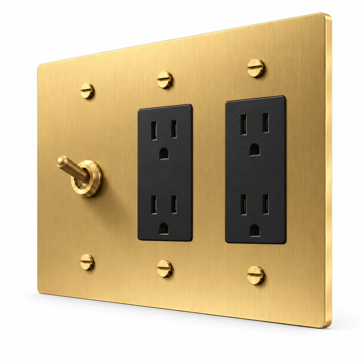 PlatePrestige 3-Gang Retro Toggle Light Switch & 2 Outlets in Brass
