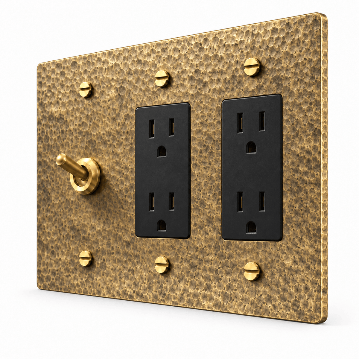 PlatePrestige 3-Gang Retro Toggle Light Switch & 2 Outlets in Hammered Antique Brass