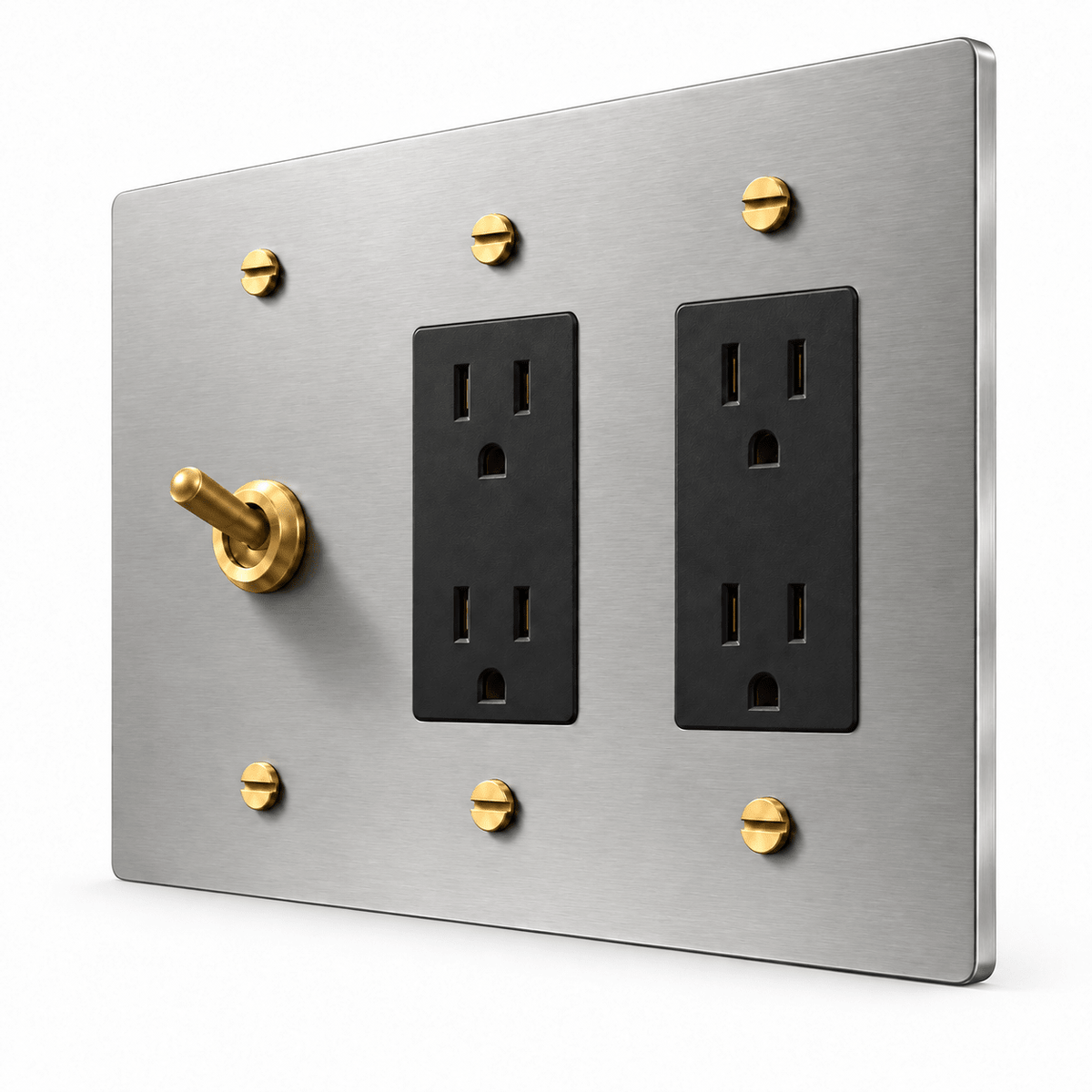 PlatePrestige 3-Gang Retro Toggle Light Switch & 2 Outlets in Stainless Steel / Brass