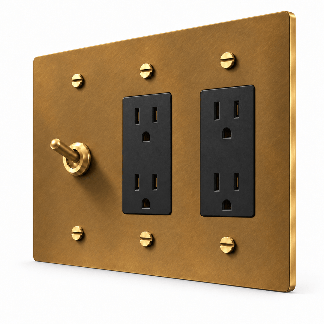 PlatePrestige 3-Gang Retro Toggle Light Switch & 2 Outlets in Unlacquered Aged brass