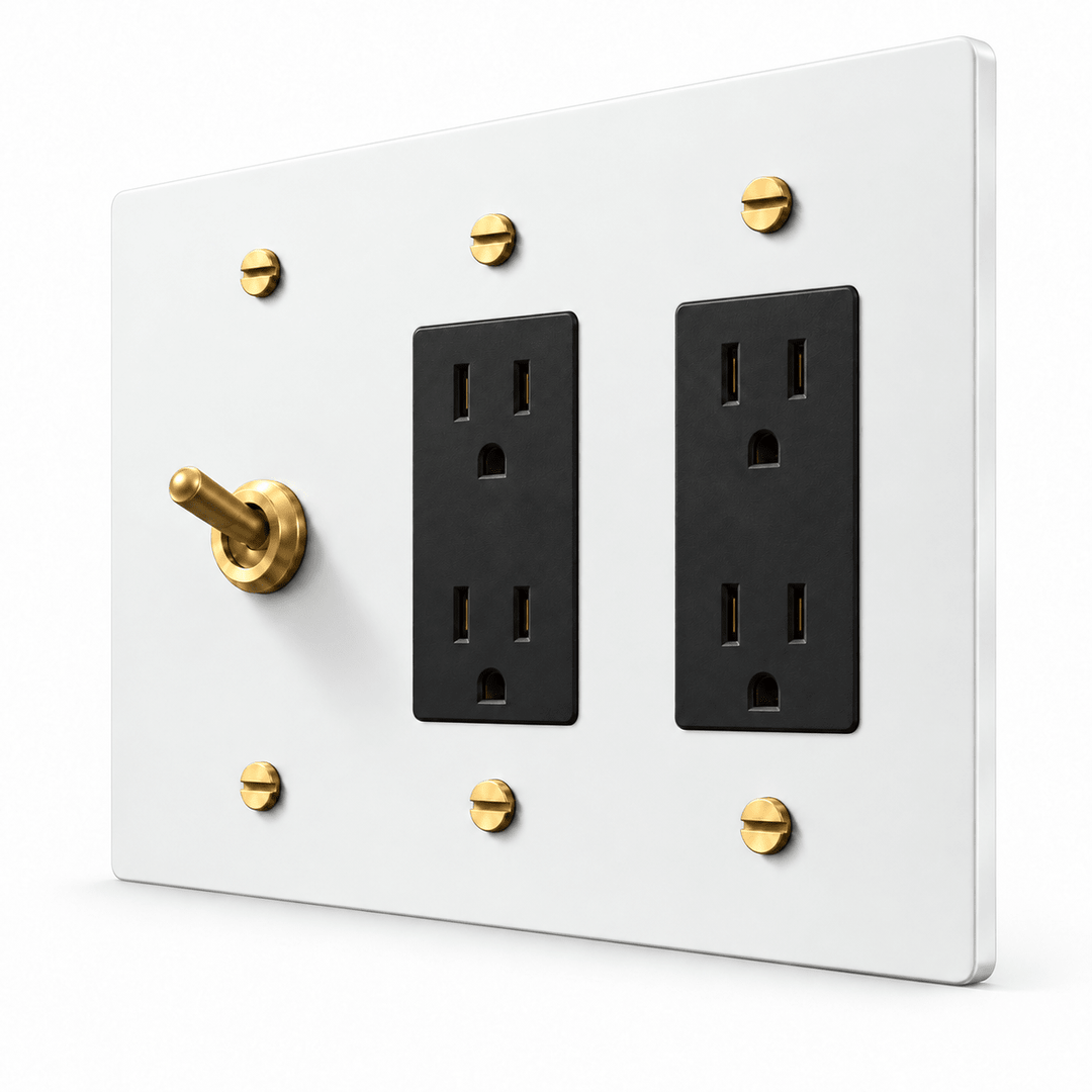 PlatePrestige 3-Gang Retro Toggle Light Switch & 2 Outlets in White / Brass