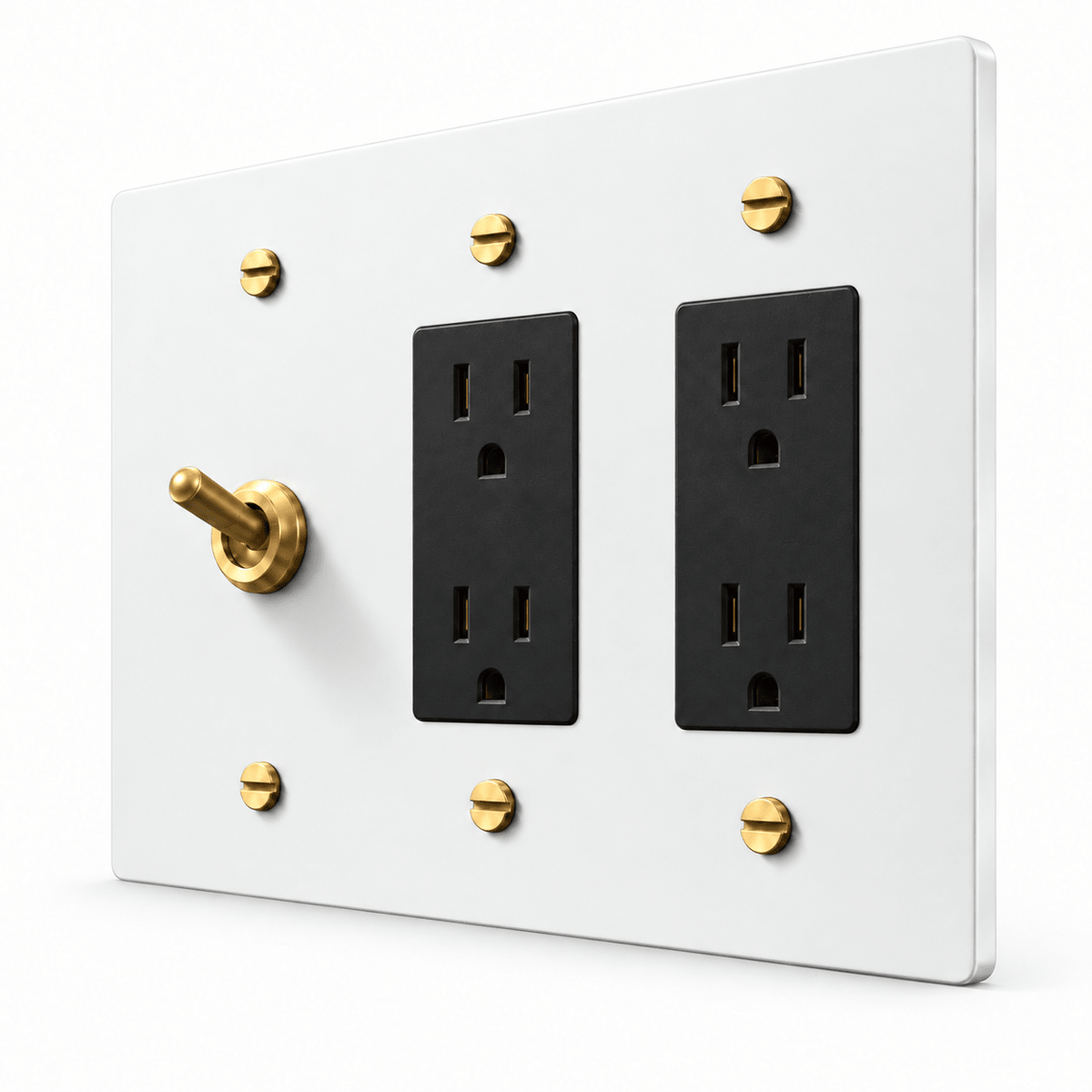 PlatePrestige 3-Gang Retro Toggle Light Switch & 2 Outlets in White / Brass