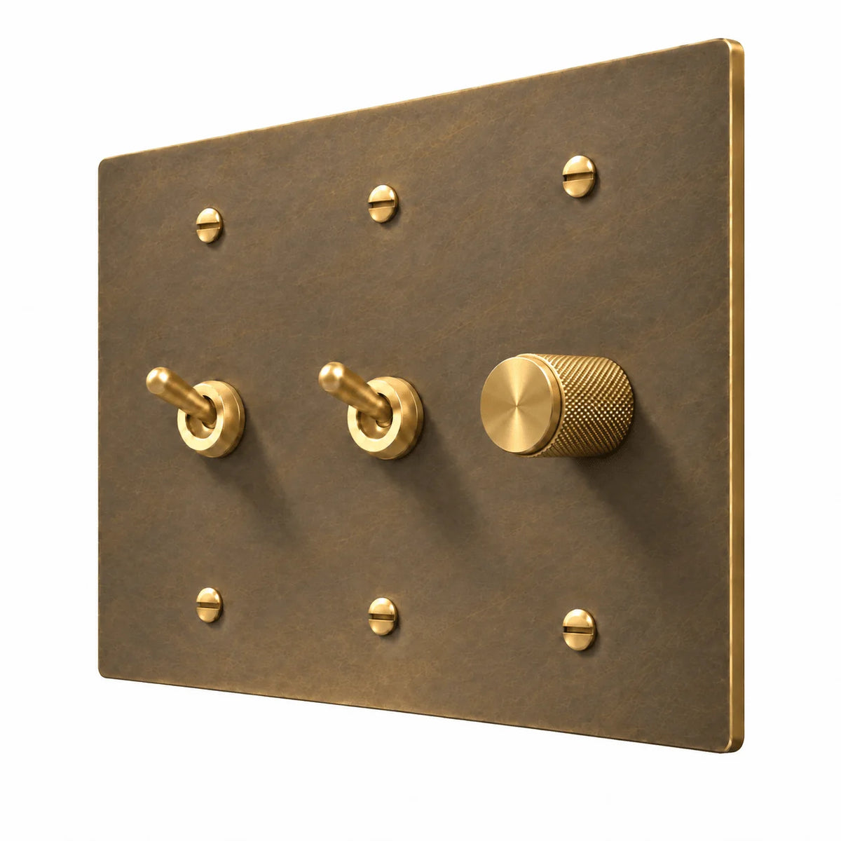 Aged Brass 3-Gang 2 Retro Toggle Light Switches & Dimmer with brass controls and matching mounting screws