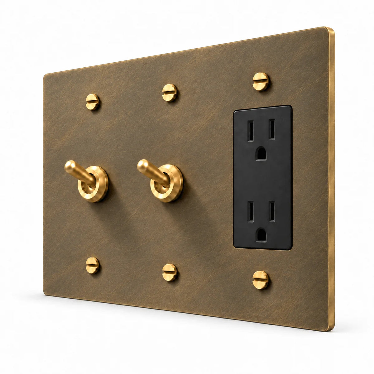 PlatePrestige 3-Gang 2 Retro Toggle Light Switches & Outlet in Aged Brass