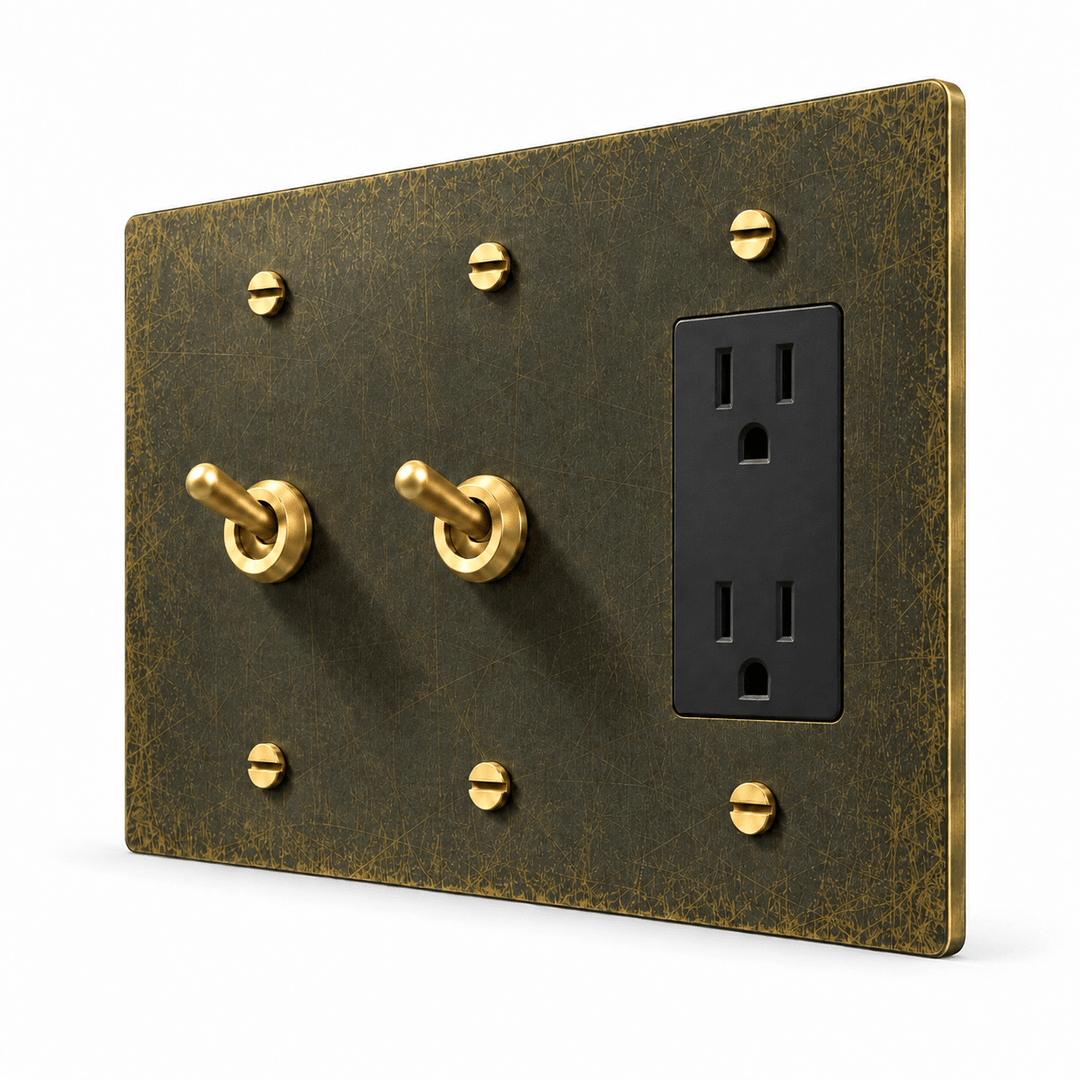 PlatePrestige 3-Gang 2 Retro Toggle Light Switches & Outlet in Antique Brass