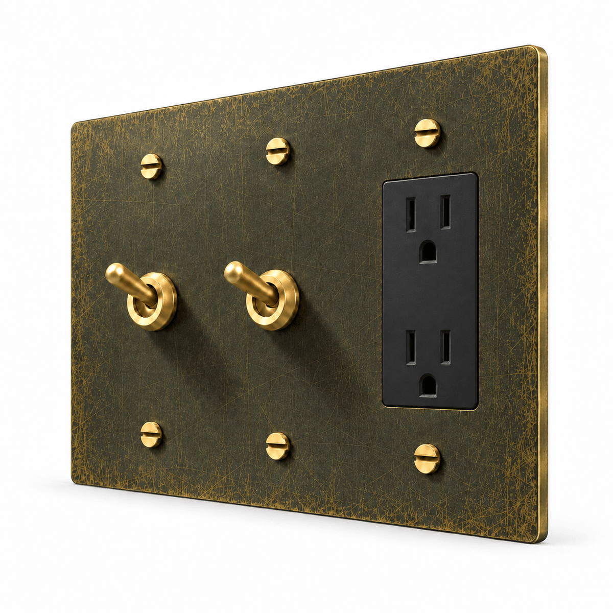 PlatePrestige 3-Gang 2 Retro Toggle Light Switches & Outlet in Antique Brass