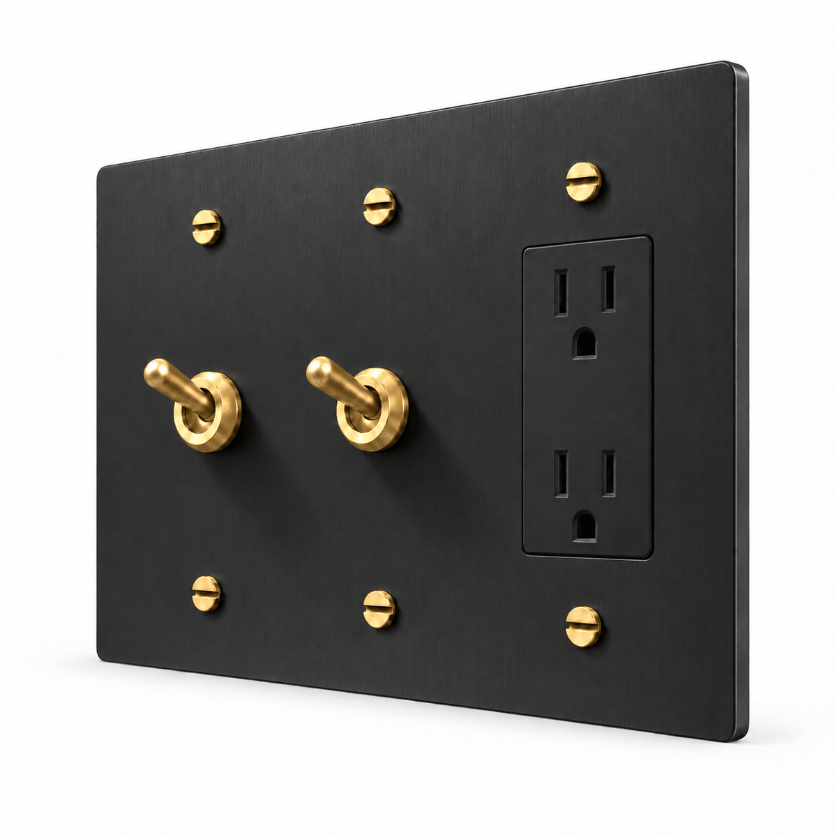 PlatePrestige 3-Gang 2 Retro Toggle Light Switches & Outlet in Black / Brass
