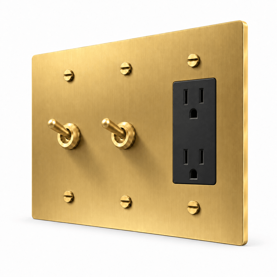 PlatePrestige 3-Gang 2 Retro Toggle Light Switches & Outlet in Brass