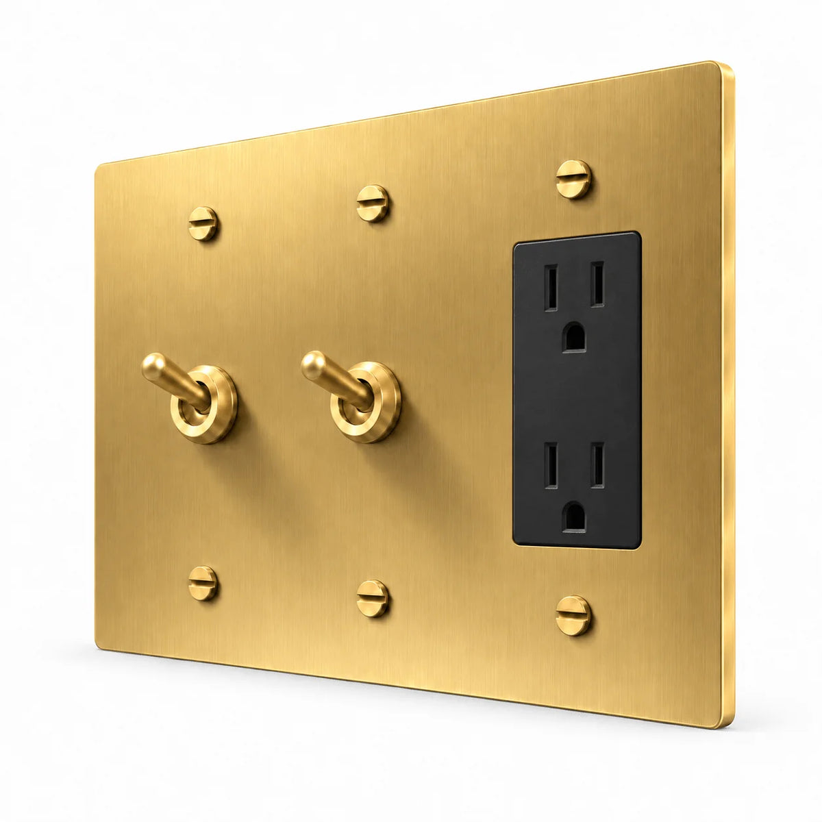 PlatePrestige 3-Gang 2 Retro Toggle Light Switches & Outlet in Brass