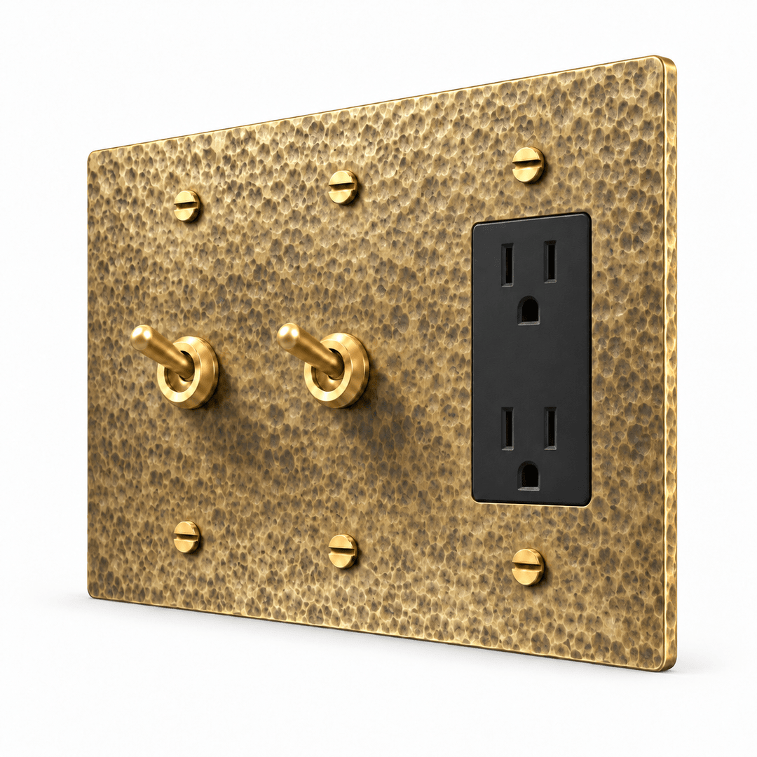 PlatePrestige 3-Gang 2 Retro Toggle Light Switches & Outlet in Hammered Antique Brass