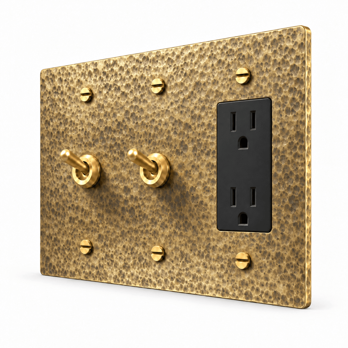 PlatePrestige 3-Gang 2 Retro Toggle Light Switches & Outlet in Hammered Antique Brass