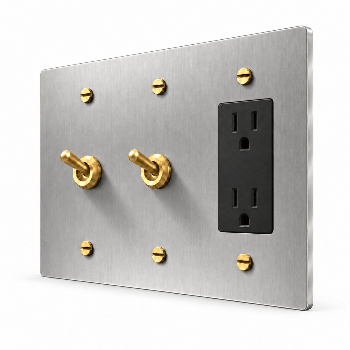PlatePrestige 3-Gang 2 Retro Toggle Light Switches & Outlet in Stainless Steel / Brass