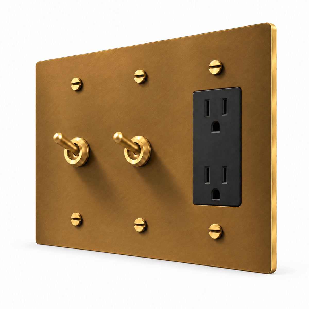 PlatePrestige 3-Gang 2 Retro Toggle Light Switches & Outlet in Unlacquered Aged brass
