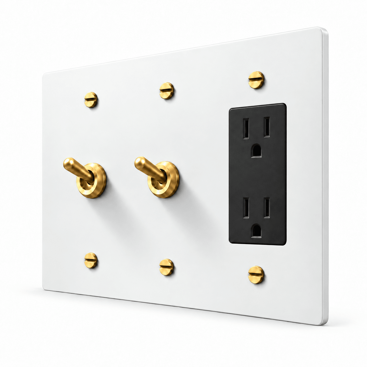 PlatePrestige 3-Gang 2 Retro Toggle Light Switches & Outlet in White / Brass