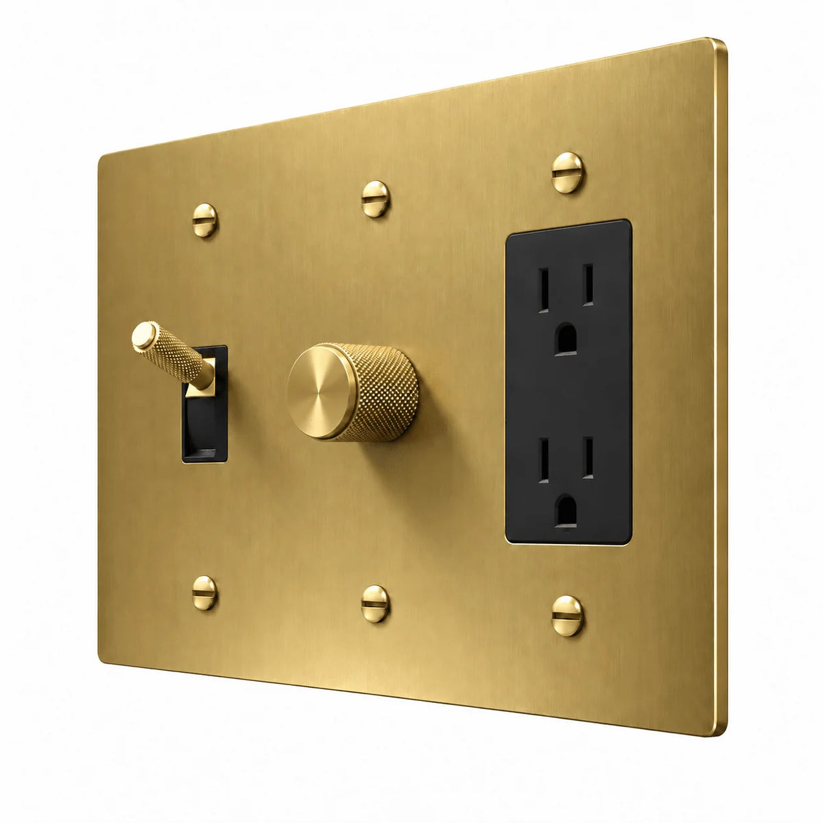 PlatePrestige 3-Gang Brass Knurled Toggle Light Switch, Dimmer & Outlet in Brass
