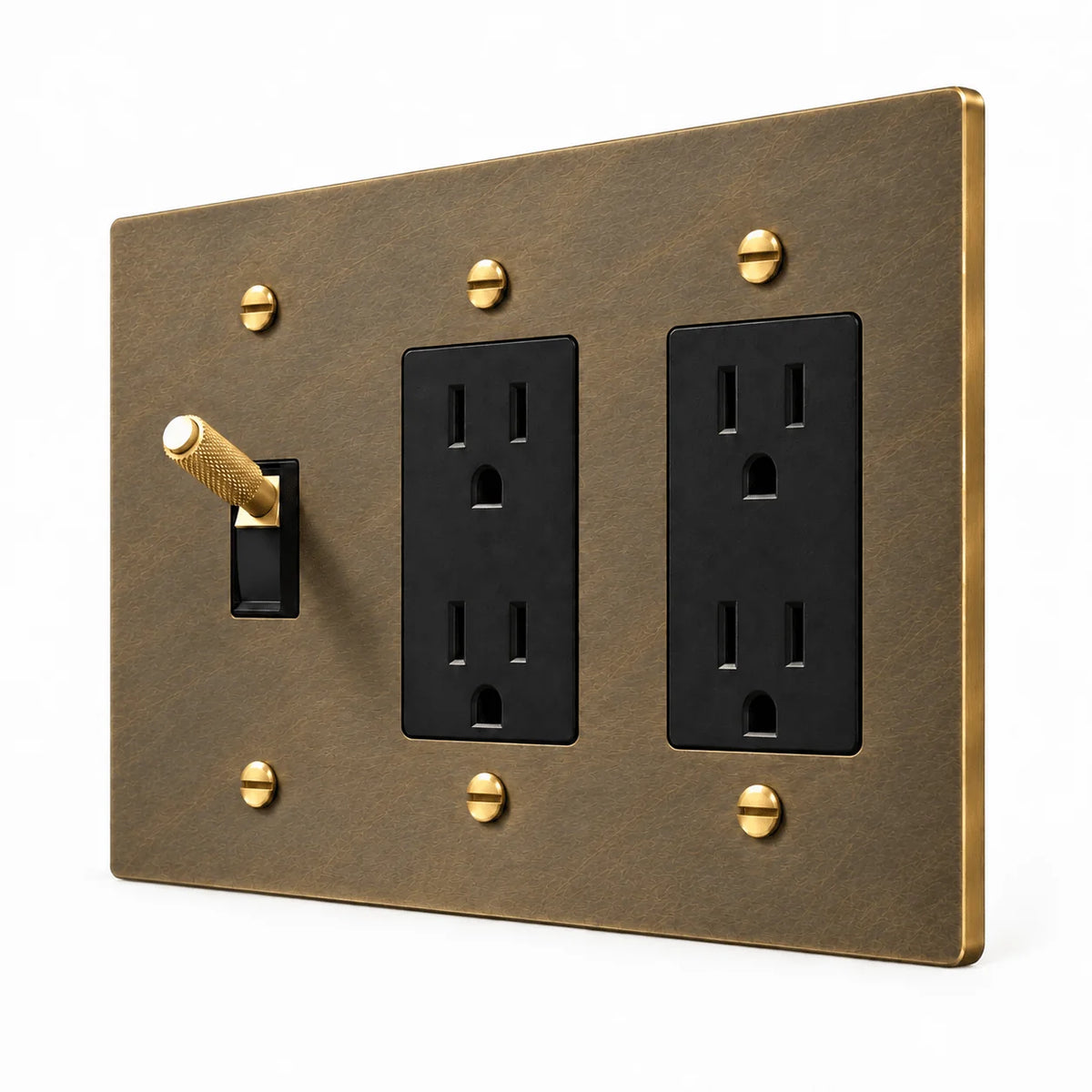 PlatePrestige 3-Gang Brass Knurled Toggle Light Switch & 2 Outlets in Aged Brass