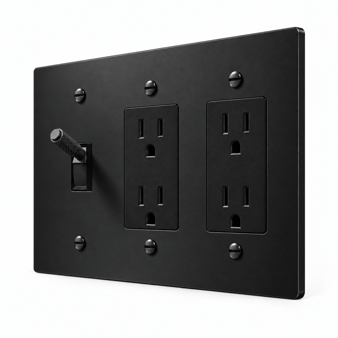 PlatePrestige 3-Gang Brass Knurled Toggle Light Switch & 2 Outlets in All-Black