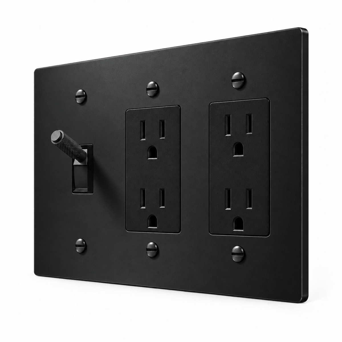 PlatePrestige 3-Gang Brass Knurled Toggle Light Switch & 2 Outlets in All-Black