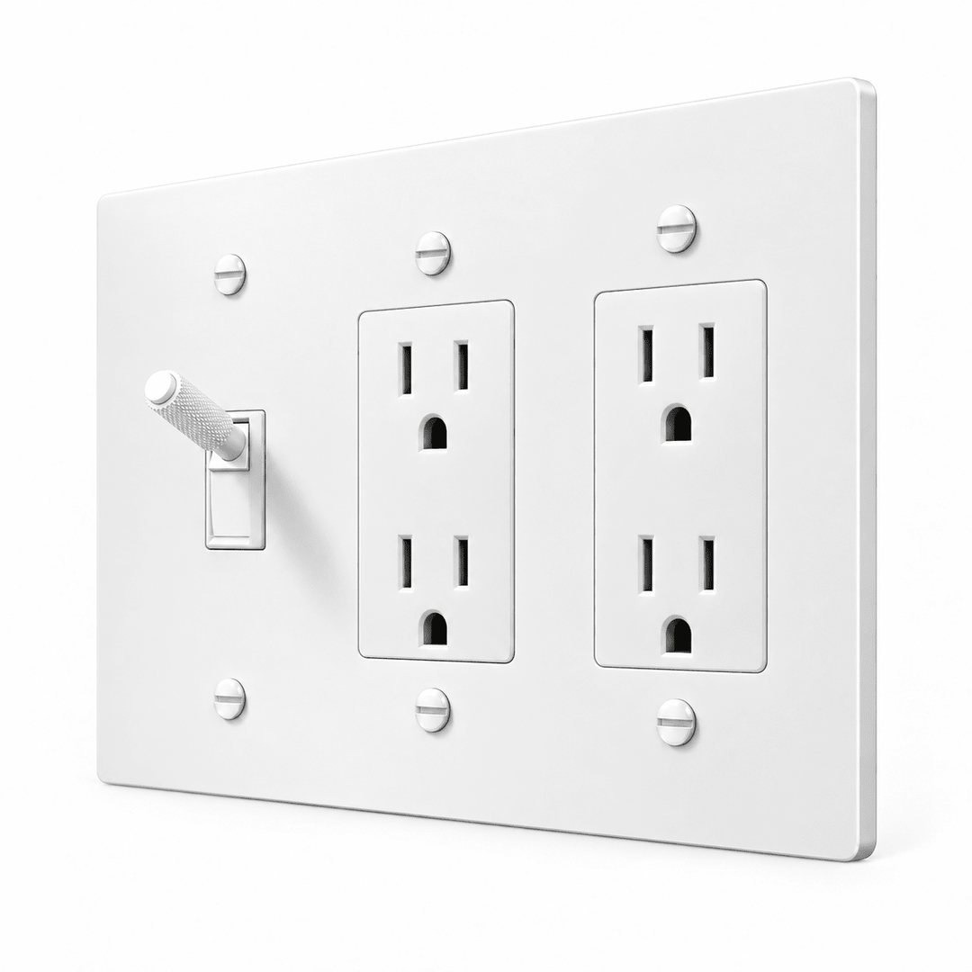 PlatePrestige 3-Gang Brass Knurled Toggle Light Switch & 2 Outlets in All-White