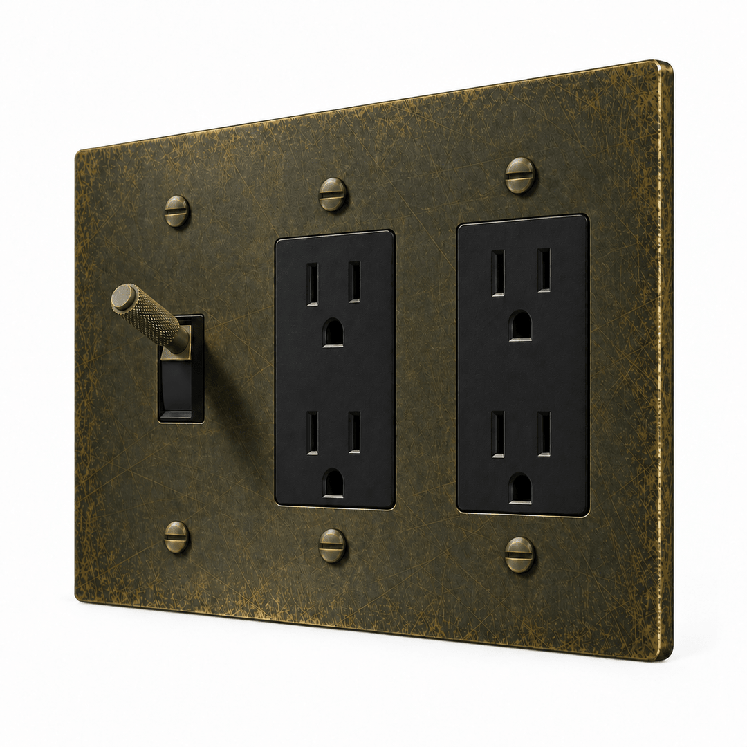 PlatePrestige 3-Gang Brass Knurled Toggle Light Switch & 2 Outlets in antique bronze with matching bronze controls and screws