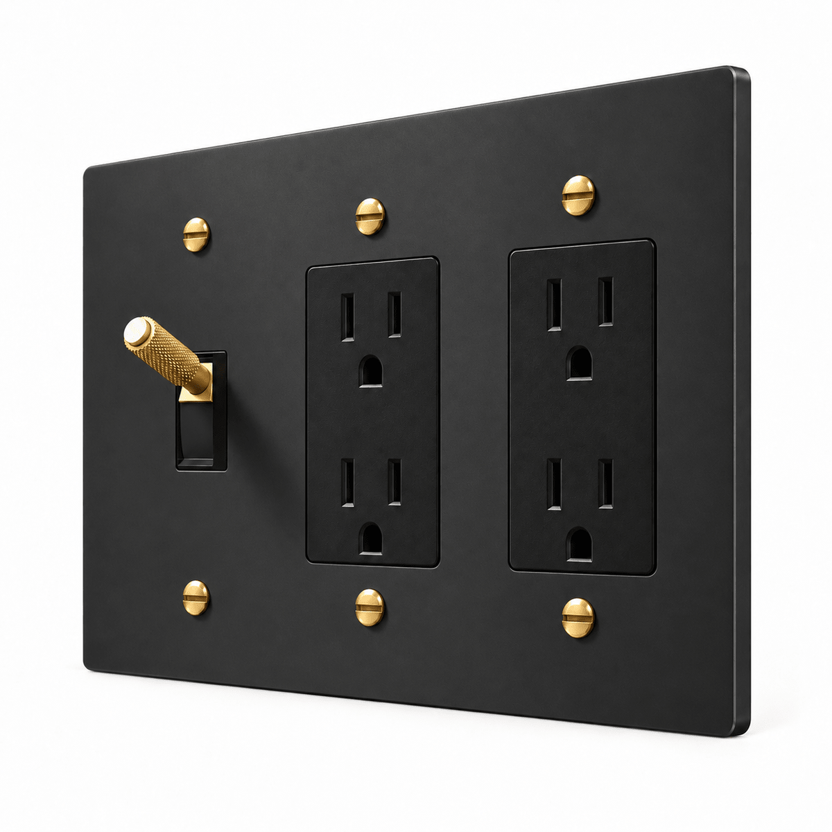 PlatePrestige 3-Gang Brass Knurled Toggle Light Switch & 2 Outlets in Black / Brass