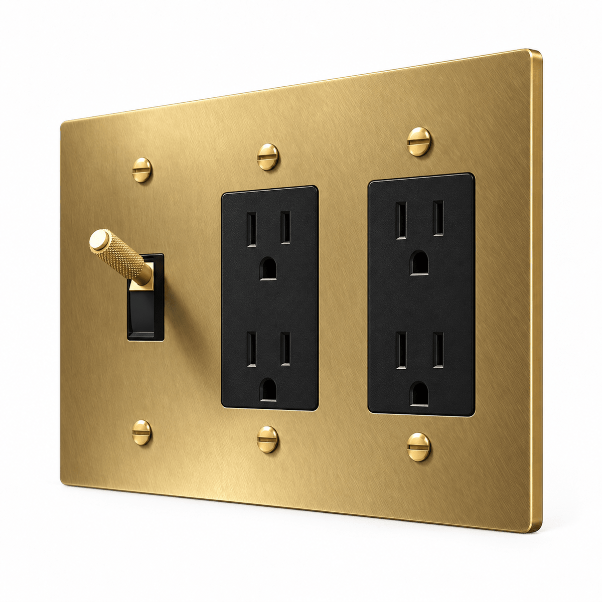 PlatePrestige 3-Gang Brass Knurled Toggle Light Switch & 2 Outlets in Brass