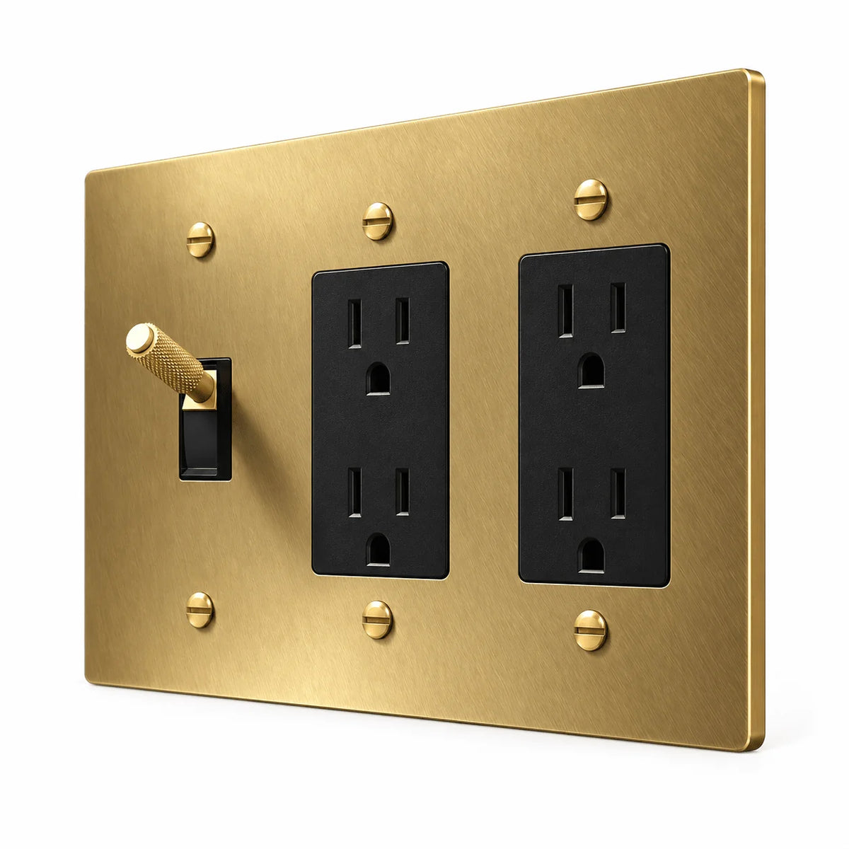 PlatePrestige 3-Gang Brass Knurled Toggle Light Switch & 2 Outlets in Brass