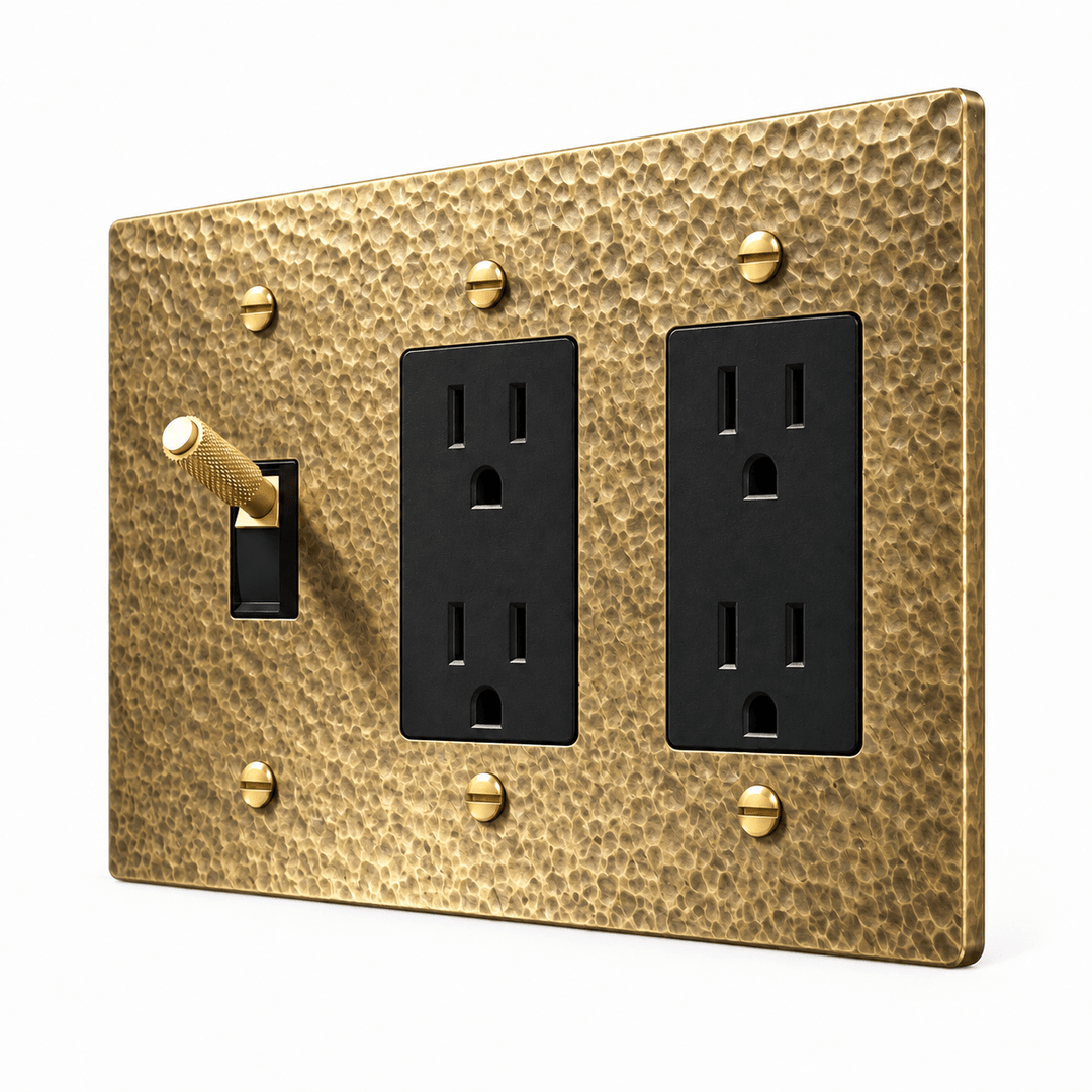 PlatePrestige 3-Gang Brass Knurled Toggle Light Switch & 2 Outlets in Hammered Antique Brass