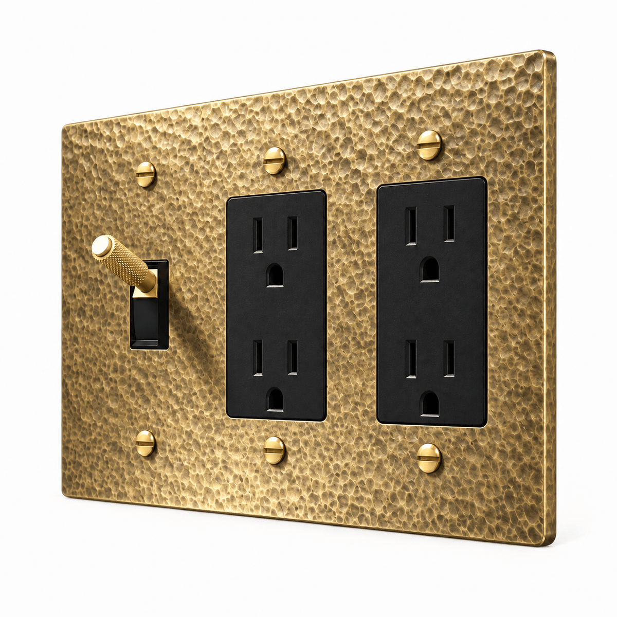 PlatePrestige 3-Gang Brass Knurled Toggle Light Switch & 2 Outlets in Hammered Antique Brass