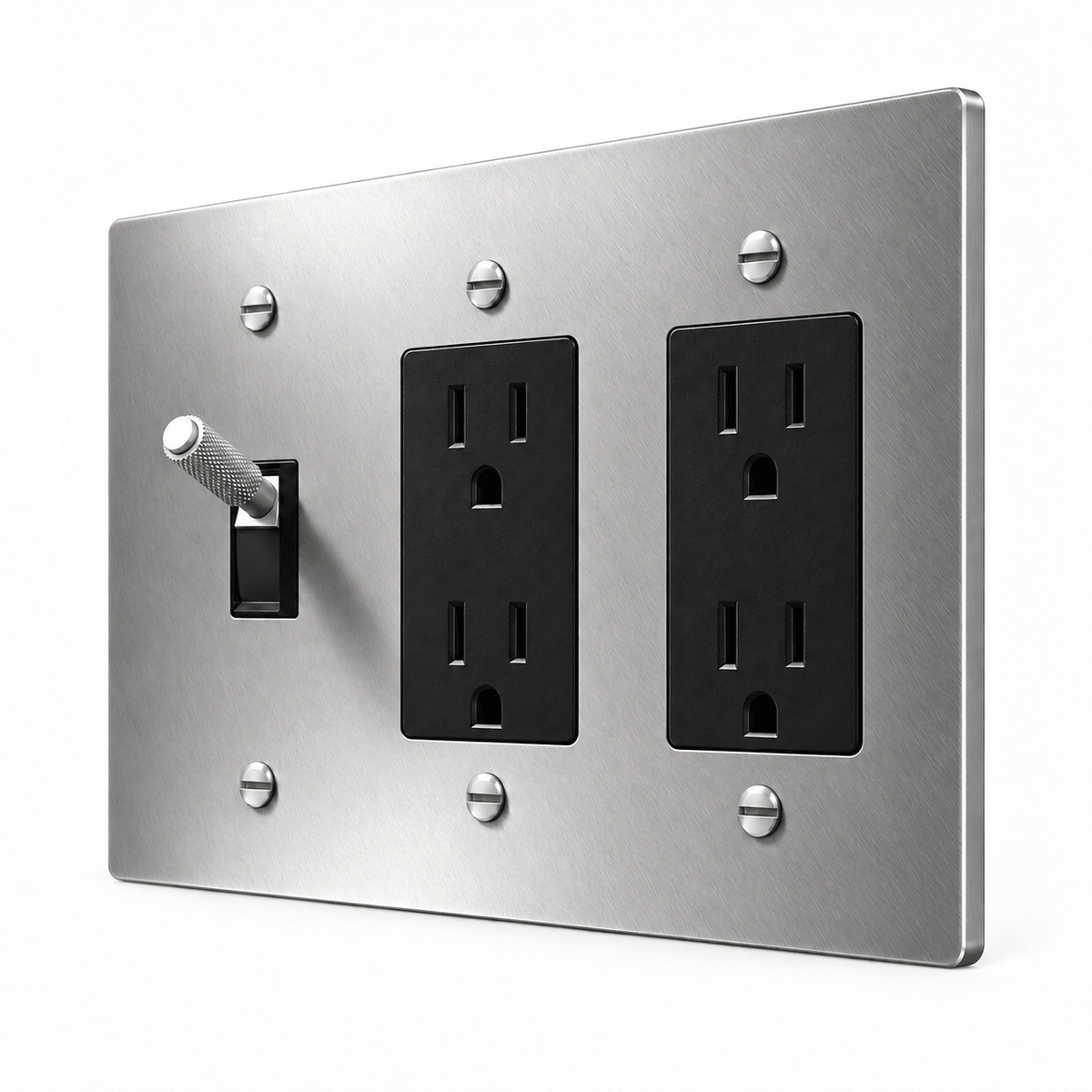 PlatePrestige 3-Gang Brass Knurled Toggle Light Switch & 2 Outlets in Stainless Steel