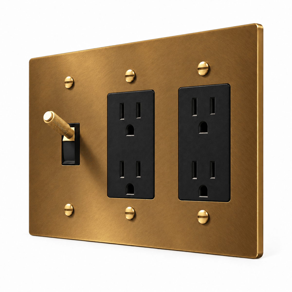 PlatePrestige 3-Gang Brass Knurled Toggle Light Switch & 2 Outlets in Unlacquered Aged brass