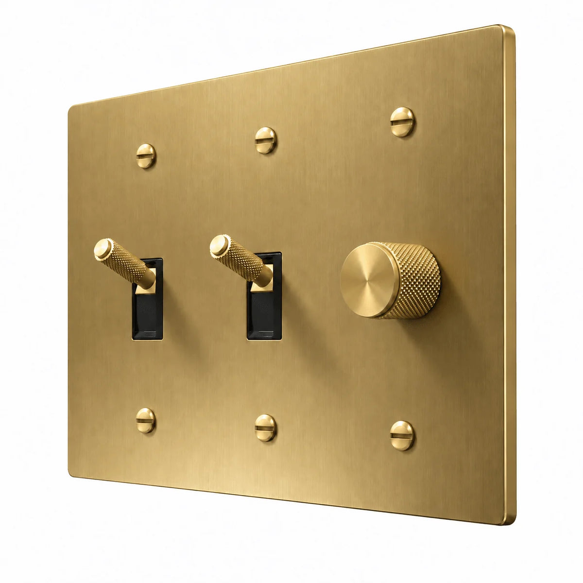 PlatePrestige 3-Gang Brass 2 Knurled Toggle Light Switches & Dimmer in Brass