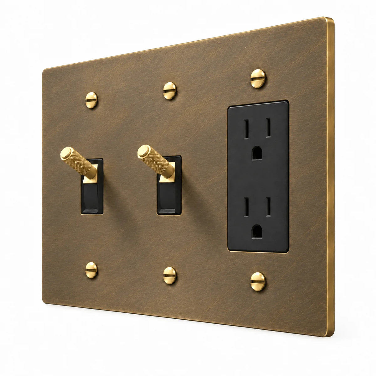 PlatePrestige 3-Gang Brass 2 Knurled Toggle Light Switches & Outlet in Aged Brass