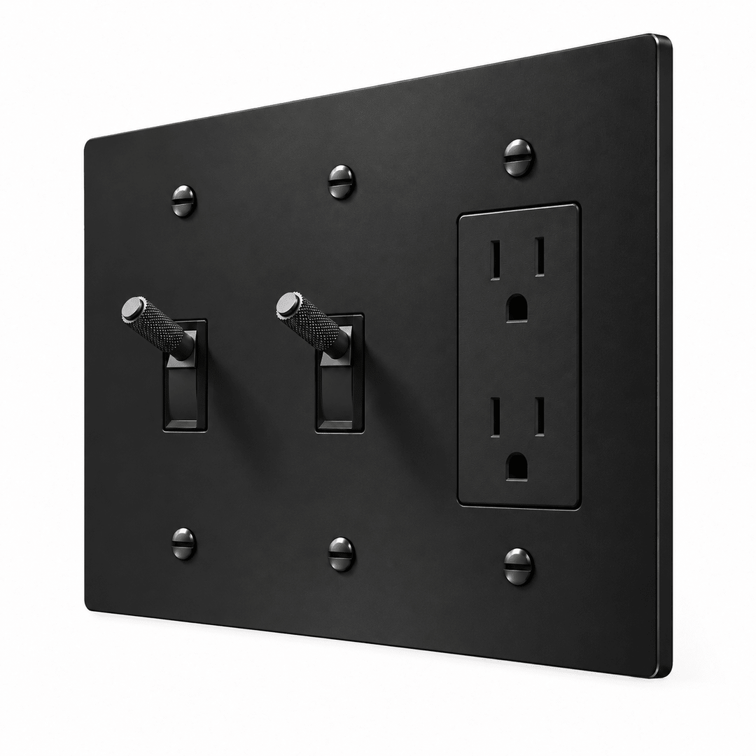 PlatePrestige 3-Gang Brass 2 Knurled Toggle Light Switches & Outlet in All-Black