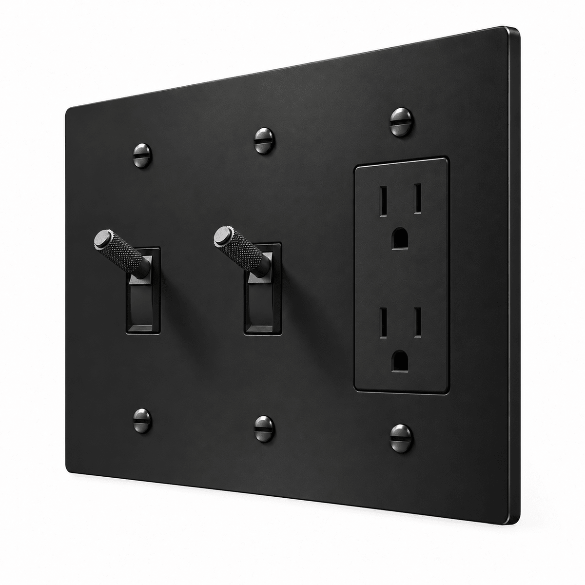 PlatePrestige 3-Gang Brass 2 Knurled Toggle Light Switches & Outlet in All-Black