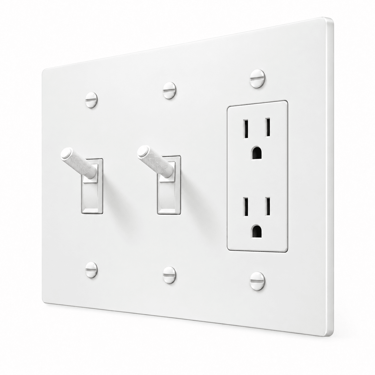 PlatePrestige 3-Gang Brass 2 Knurled Toggle Light Switches & Outlet in All-White