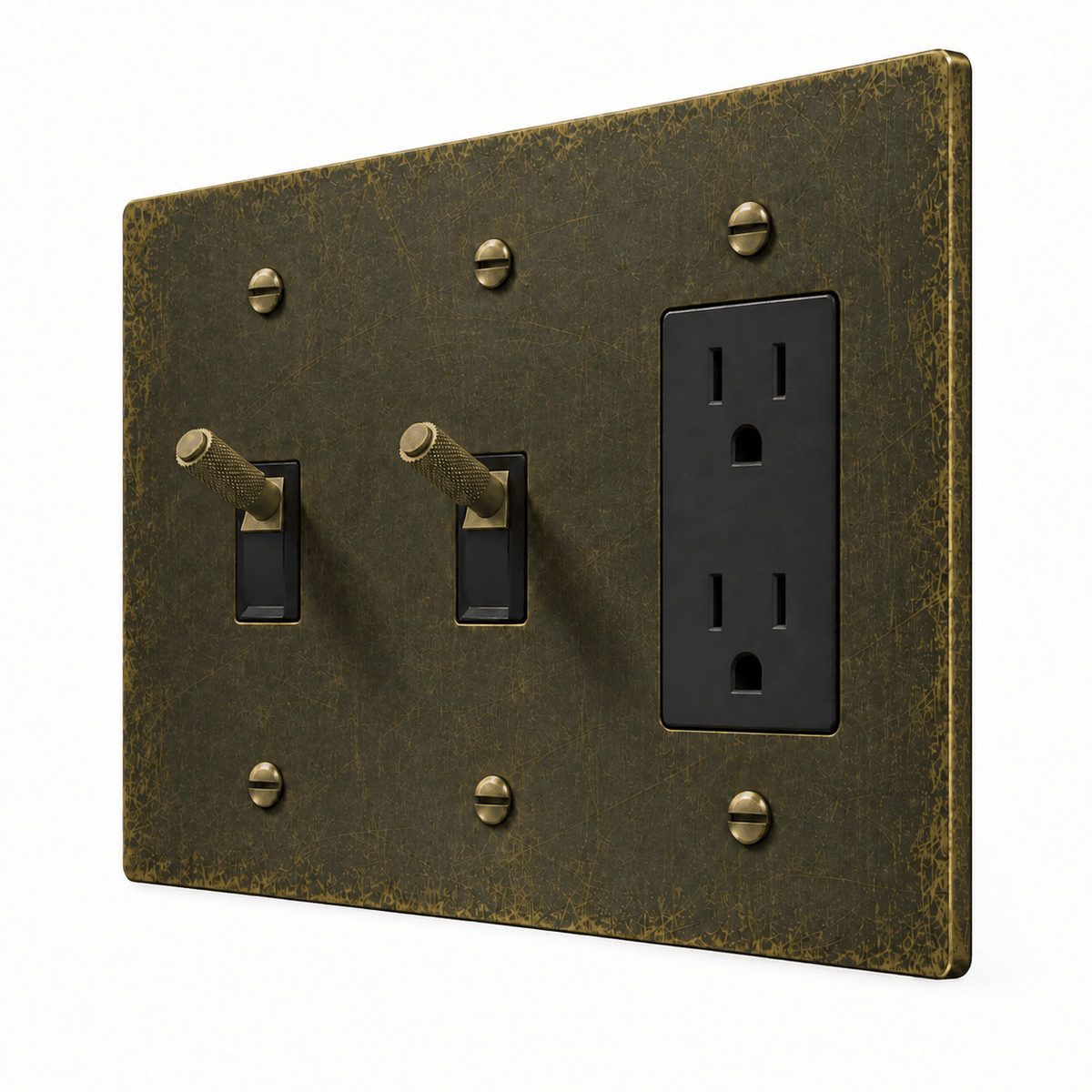 PlatePrestige 3-Gang Brass 2 Knurled Toggle Light Switches & Outlet in antique bronze with matching bronze controls and screws