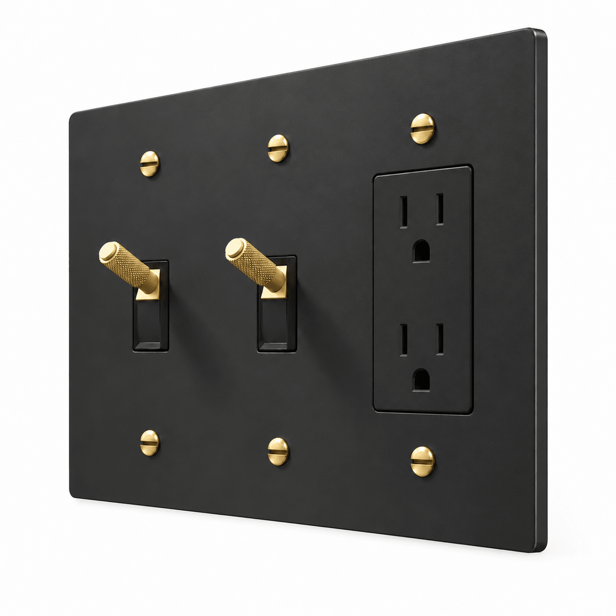 PlatePrestige 3-Gang Brass 2 Knurled Toggle Light Switches & Outlet in Black / Brass
