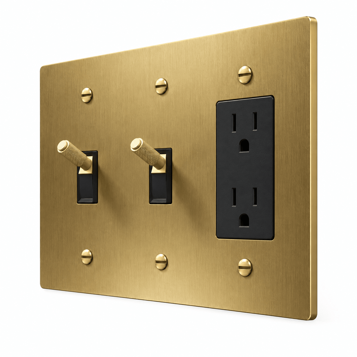 PlatePrestige 3-Gang Brass 2 Knurled Toggle Light Switches & Outlet in Brass