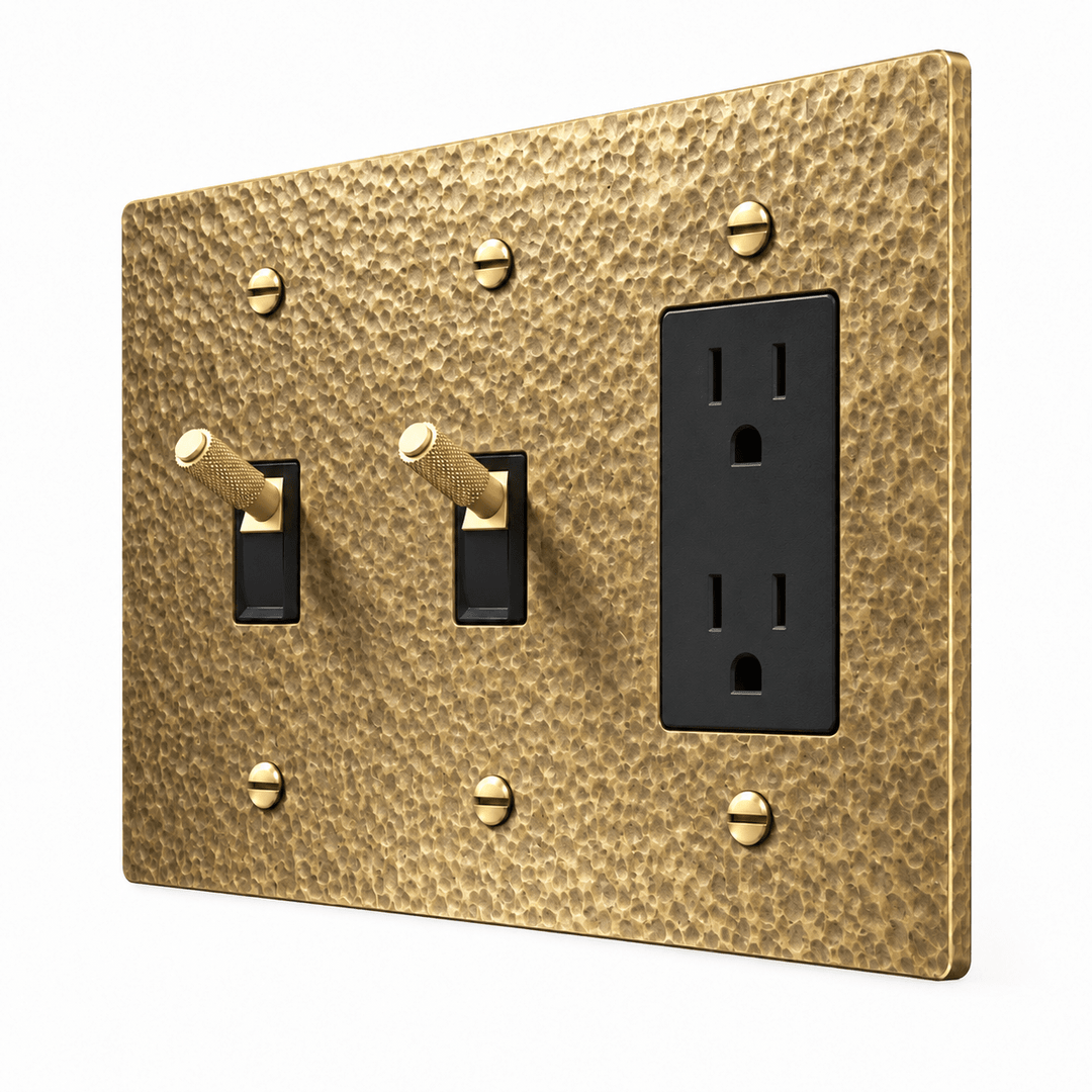 PlatePrestige 3-Gang Brass 2 Knurled Toggle Light Switches & Outlet in Hammered Antique Brass