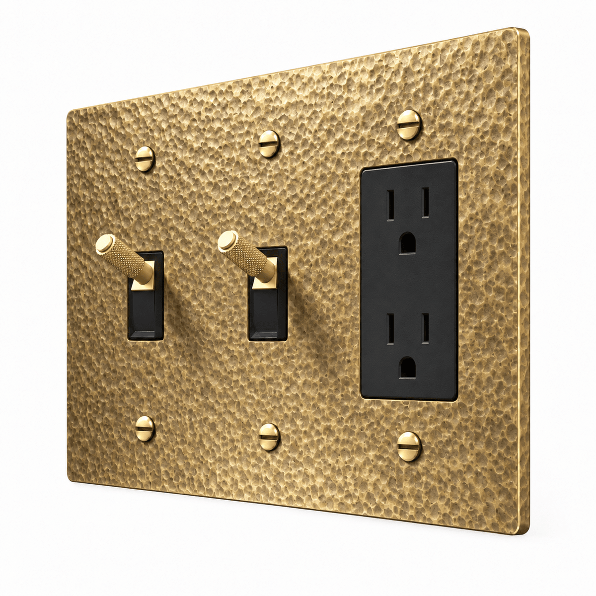 PlatePrestige 3-Gang Brass 2 Knurled Toggle Light Switches & Outlet in Hammered Antique Brass