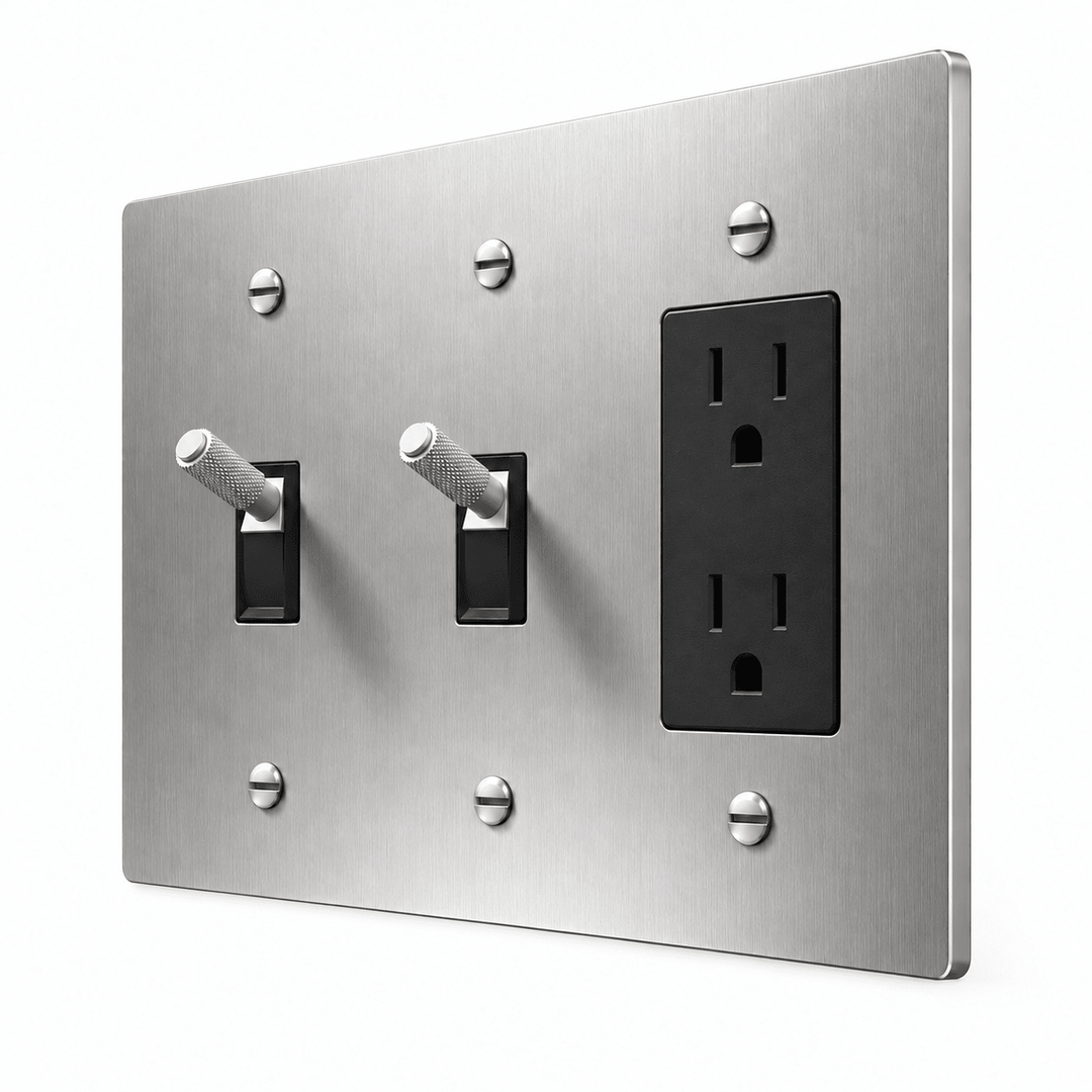PlatePrestige 3-Gang Brass 2 Knurled Toggle Light Switches & Outlet in Stainless Steel