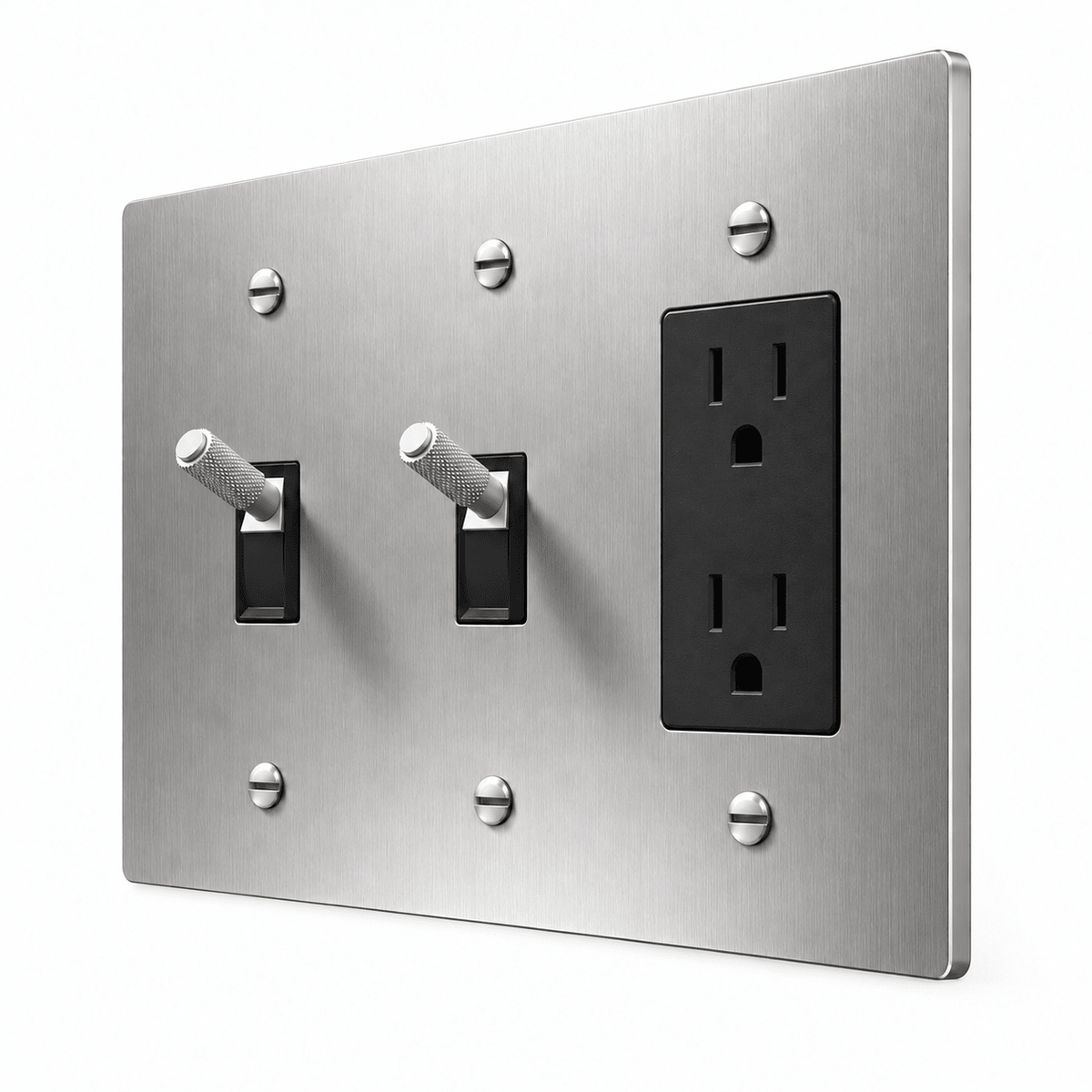 PlatePrestige 3-Gang Brass 2 Knurled Toggle Light Switches & Outlet in Stainless Steel