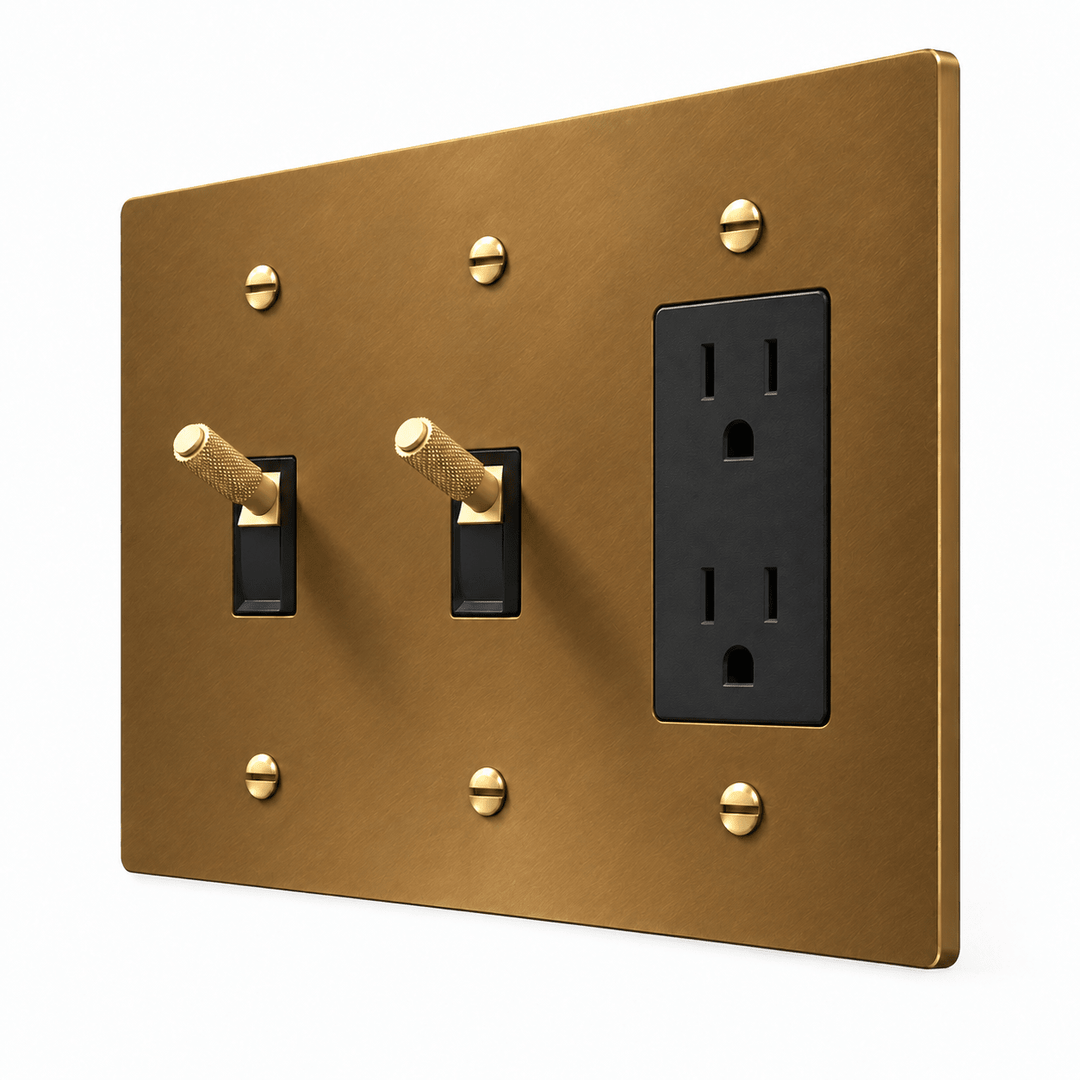 PlatePrestige 3-Gang Brass 2 Knurled Toggle Light Switches & Outlet in Unlacquered Aged brass