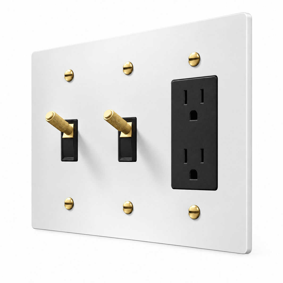 PlatePrestige 3-Gang Brass 2 Knurled Toggle Light Switches & Outlet in White / Brass