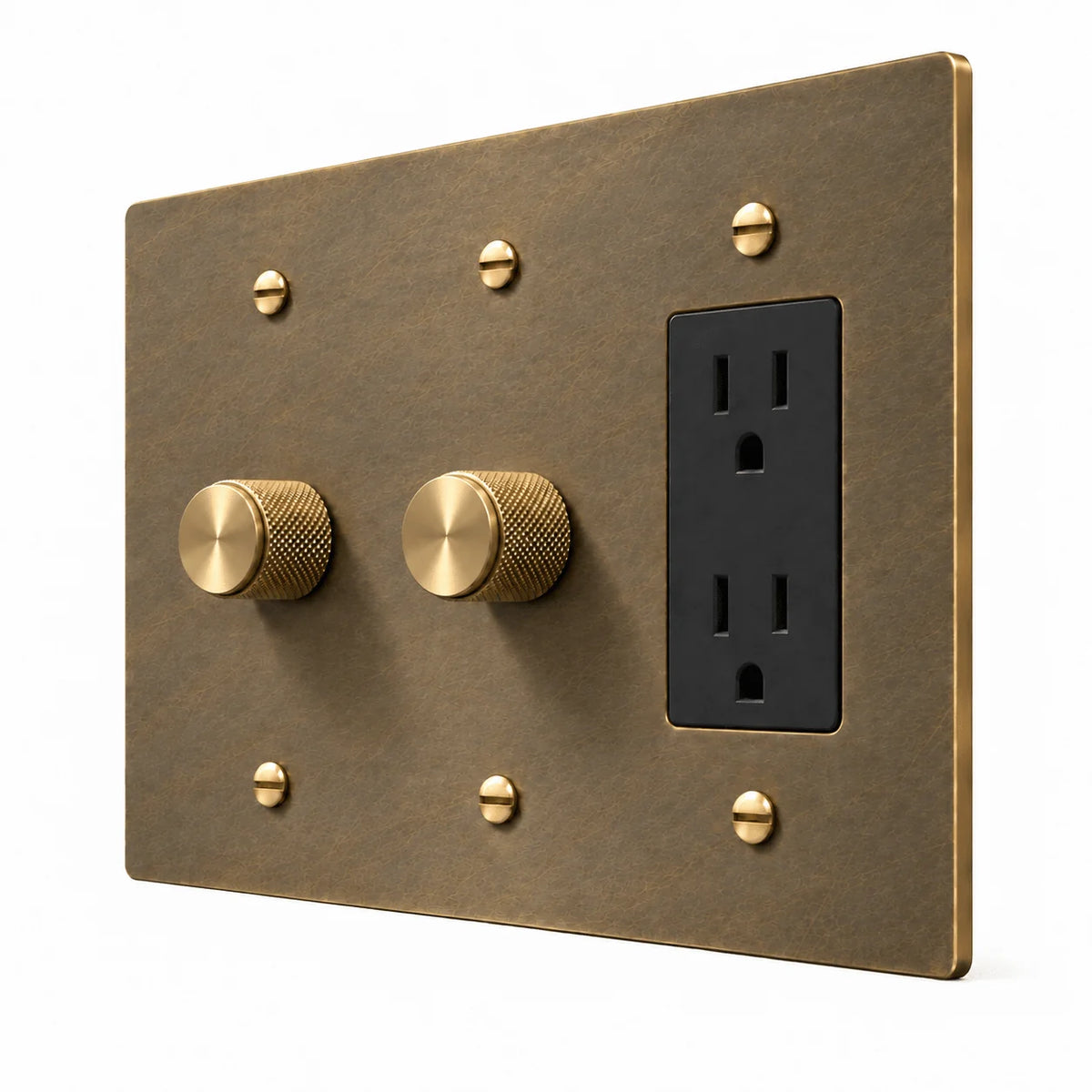 PlatePrestige 3-Gang 2 Dimmers & Duplex Outlet in Aged Brass
