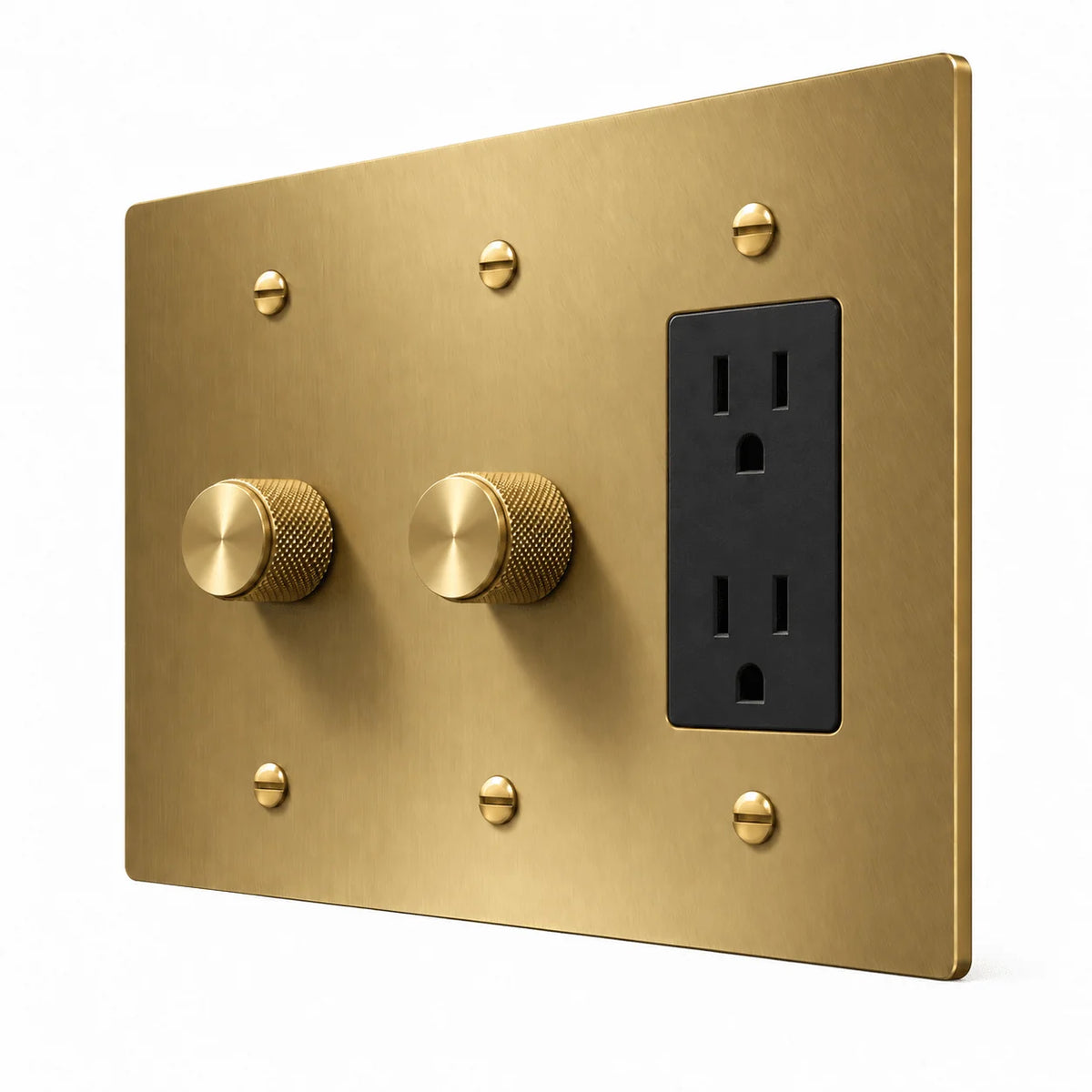 PlatePrestige 3-Gang 2 Dimmers & Duplex Outlet in Brass
